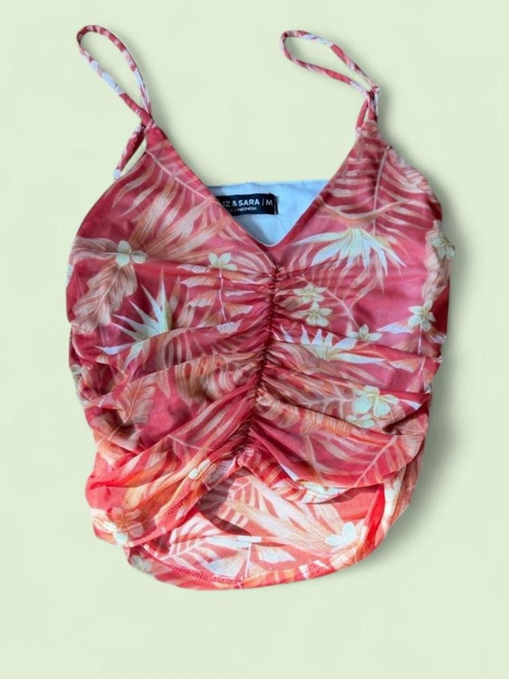 Pink Tropical Ruched V-Neck Tank Top